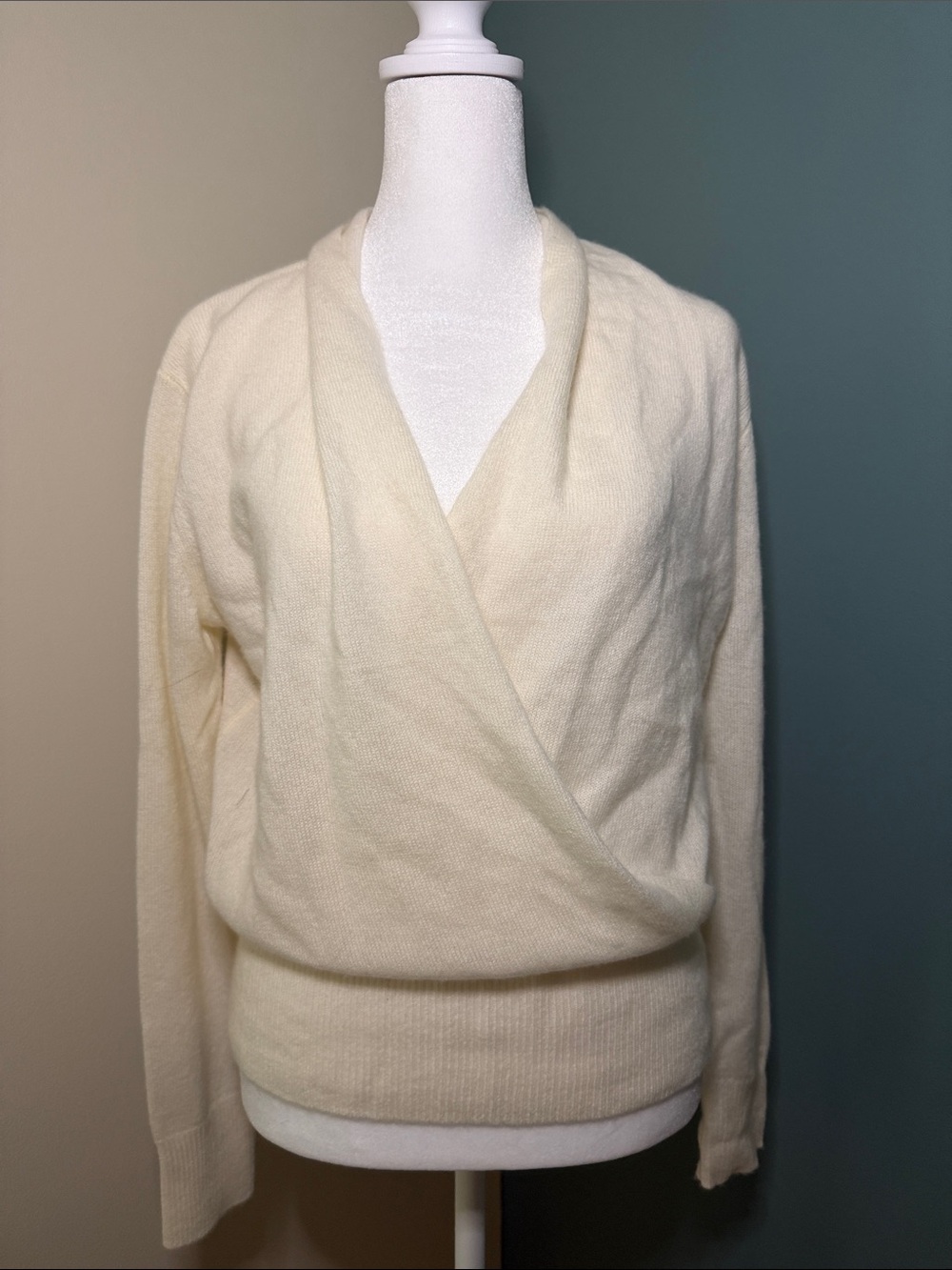 Neiman Marcus Cream Wrap Front Turtleneck Sweater
